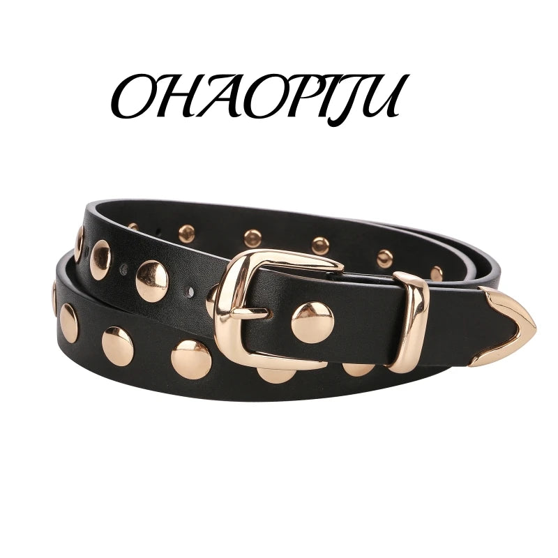 Women Fashion Leather Belt Studded Punk Black Belts for Jeans Dress Ladies Belt with Gold Buckle Adjustable Waist Belt