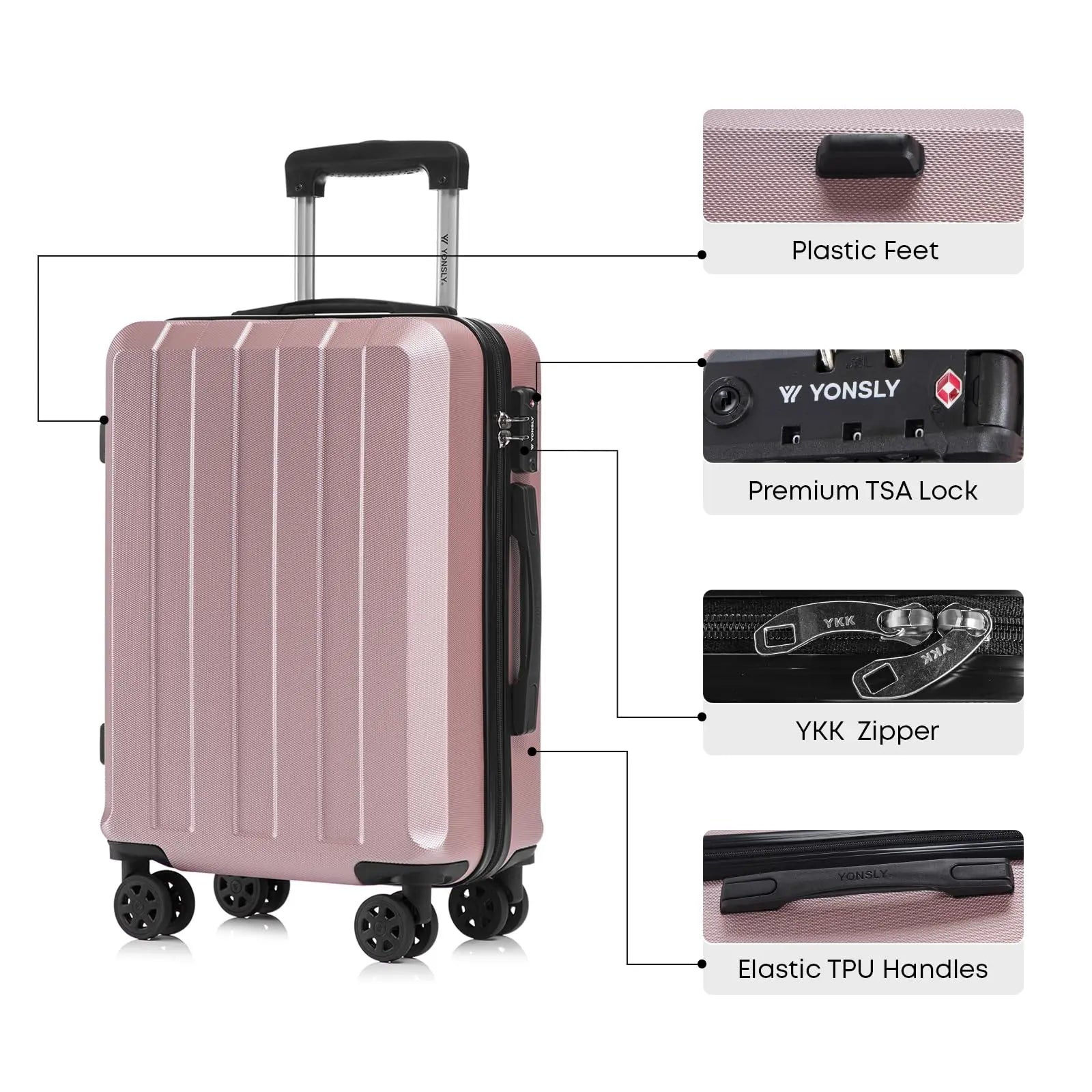 YONSLY Hardshell Suitcase 20/24/28 Inches with TSA Lock YKK Zipper 4 Silent 360° Wheels Mesh Compartment Trolley Rolling Luggage Hand Luggage Suitcase for Business Trips, Vacations, Family Journeys, and Weekend Getaways