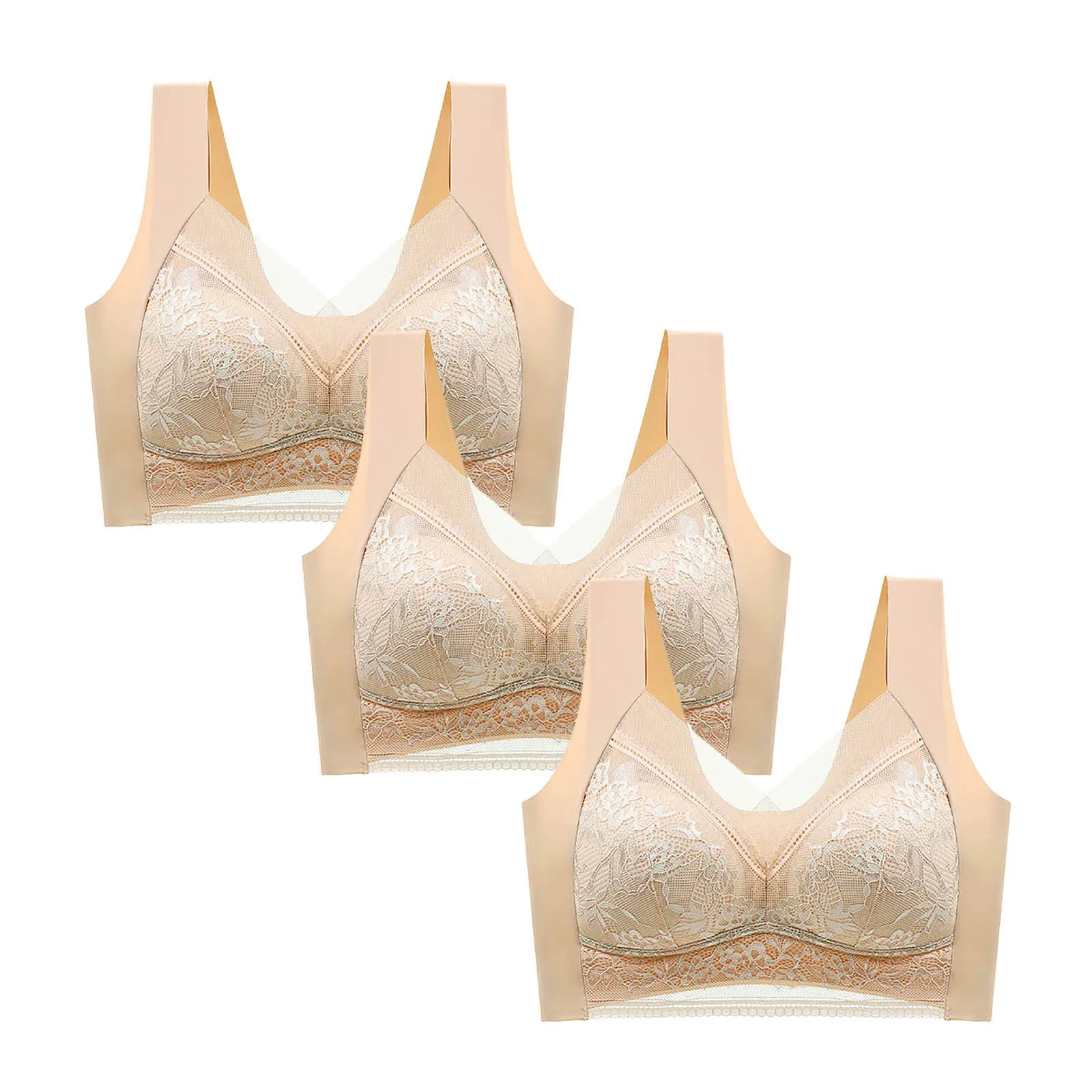 FallSweet 3PCS Lace Push Up Bras for Women Sexy Wireless Bra Ice Silk Deep V Bralette Tops Female Lingerie Mom's Underwear L-5XL