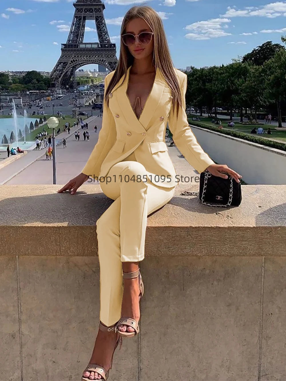 New Elegant Pant Suits Women's Western-Style Beige 2PCS Set Smooths Your Silhouette Through Commuting Casual Women Suits Set