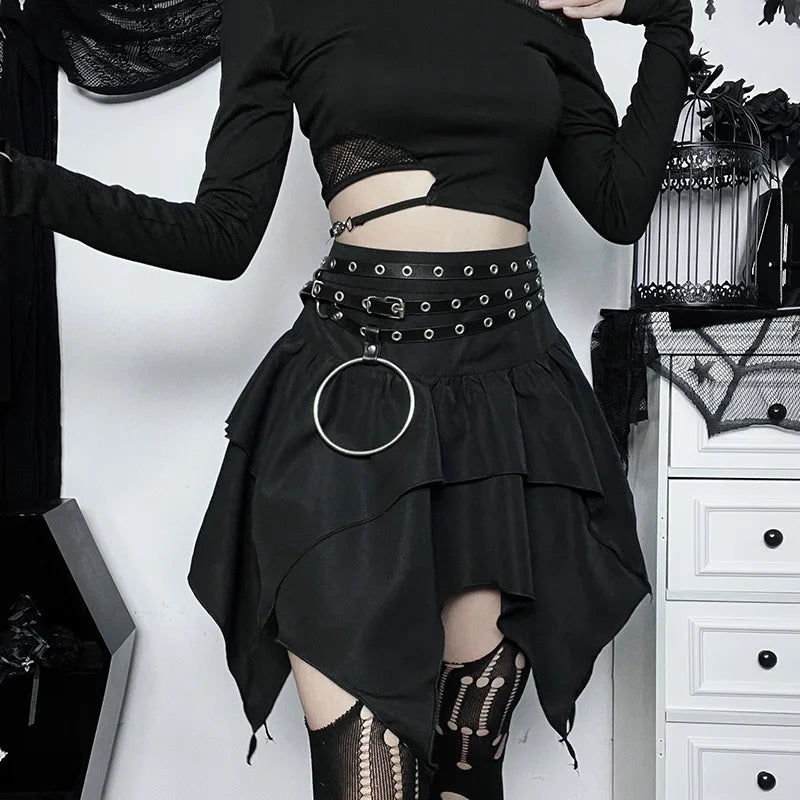 Summer Fashion Short Skirts New Sexy Women Gothic Punk Irregular Skirts Solid Color Drawstring Tie-Up Ruched Ruffles Mini Skirt