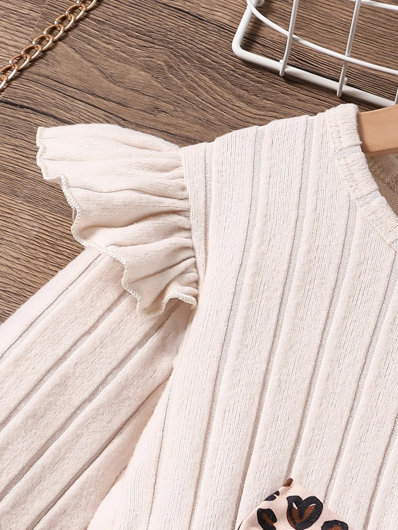 Spring Autumn Girls Cute Fashion Casual Clothing Apricot Knitted Ruffle Long Sleeve Top+Cartoon Full Print Elastic Waist Casual Pants Set