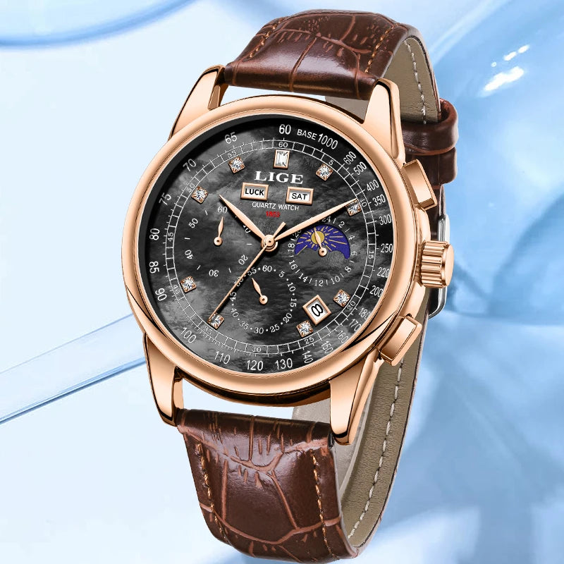LIGE Retro Elegant Quartz Women's Wristwatches Simple Diamond Dial Fashion Casual Outdoor Date Waterproof Moon Phase Woman Watch
