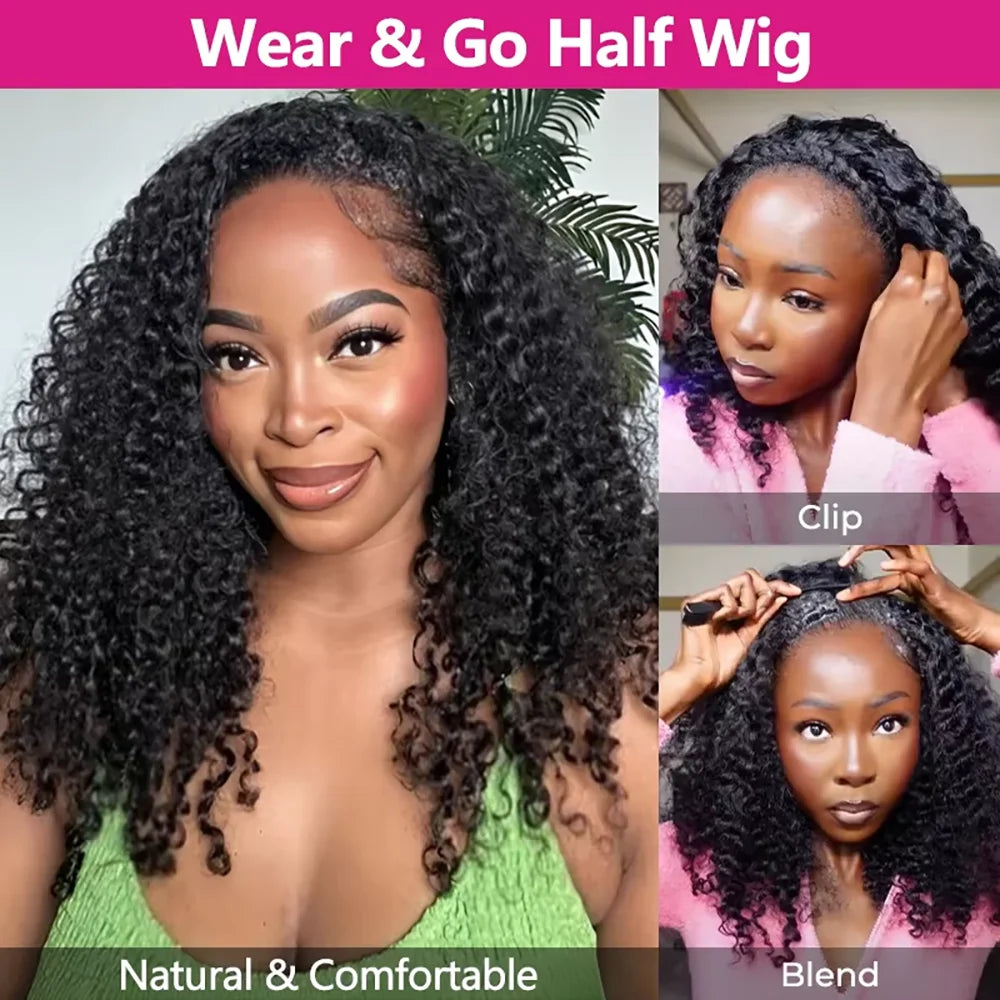 Half Wig Human Hair Wigs 200% Half Wig Kinky Curly Human Hair Wigs 3 In 1 Invisible Hairline Wear Go With Drawstring Seamless Secondary image