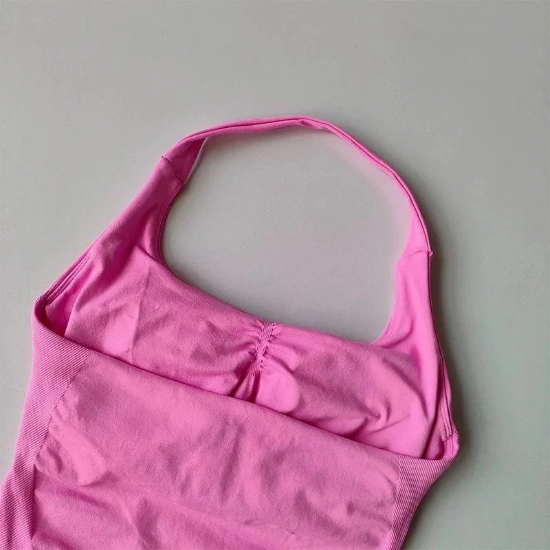 Seamless Halter Neck Yoga Tank Tops for Women Built-in Bra Padded Gym Top Sleeveless Shirt Fitted Backless Workout Clothes