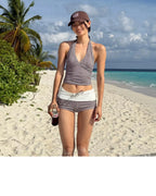 Sexy V-neck Small Chest Gathered To Cover The Belly Exposed Back Fashionable Checkered Flat Angle Pants Split Swimsuit for Women