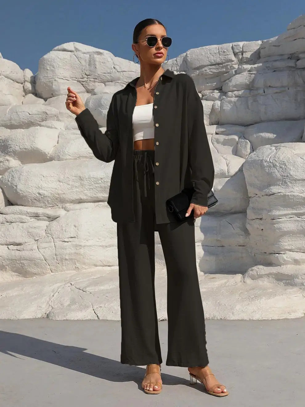 Plus Size Casual Loose Two-Piece Set Wide Leg Pants Long Sleeve Shirt Light Beige Street Style Elegant Quality Polyester Summ...