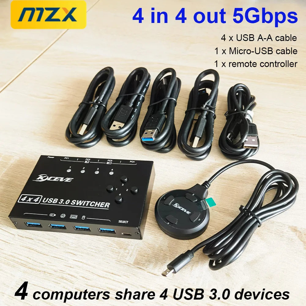 MZX 4x4 USB 3.0 Switch Selector KVM Switcher Hub 3 0 Cable PC Laptop Computer Share USB Devices Keyboard Mice Printer KVM Switch Main image