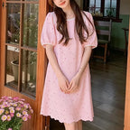 ZANZEA Summer Women's Openwork Embroidered Dresses O-Neck Half Puff Sleeve Contrast-Trim Knee-Length Dress Casual A-Line Robes