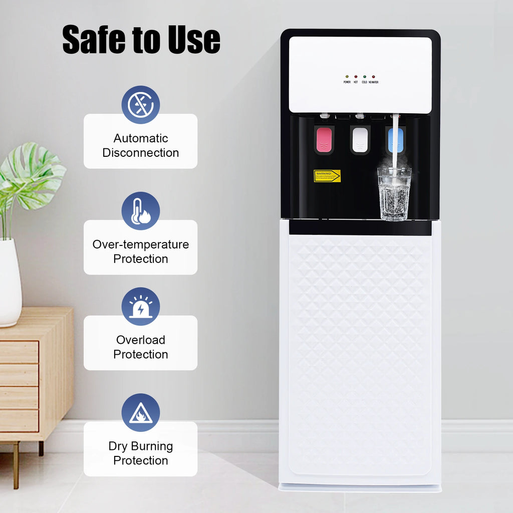Modern White Bottom Loading Water Dispenser Hot/Cold Water Cooler Dispenser with Anti-Scalding Design for Offices Homes Gyms