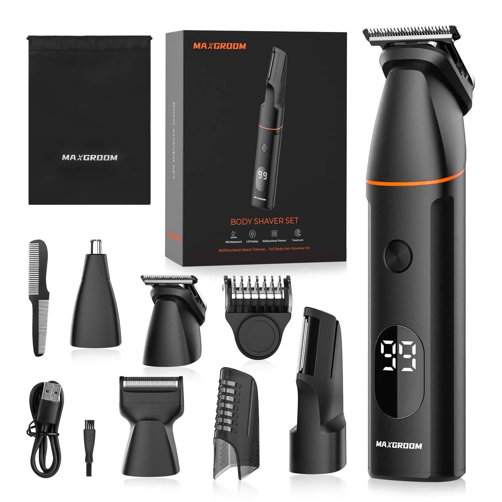 MAXGROOM Manscape Body Hair Trimmer 4 in 1 IPX6 Waterproof Pubic & Groin Shave Electric Grooming Kit for Men Nose Beard Trimmer Main image