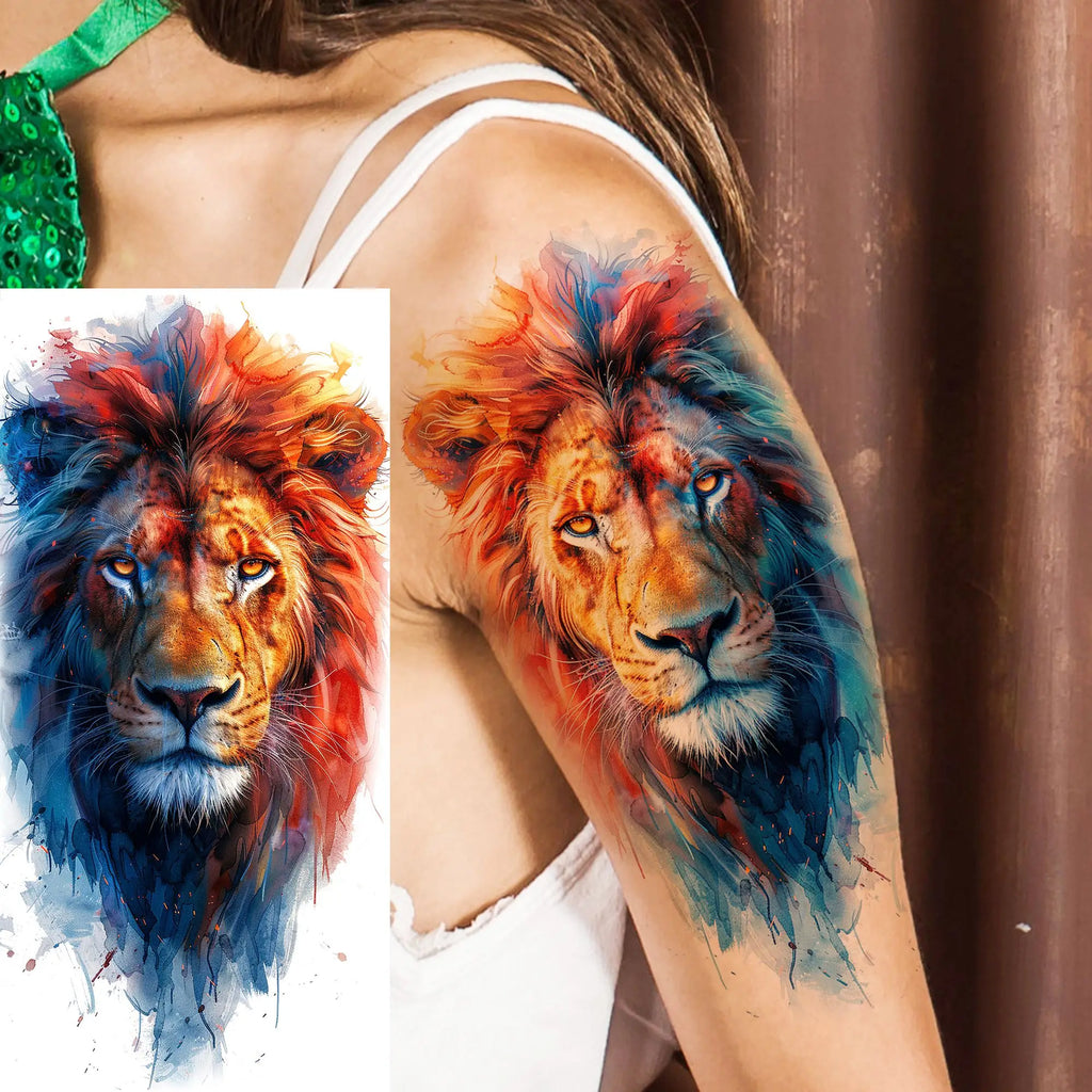 1 Sheet Unique Watercolr Lion Tiger Animals Temporary Tattoos Long Lasting Waterproof Fox Owl Fake Tattoo Sticker Body Art Tatoo