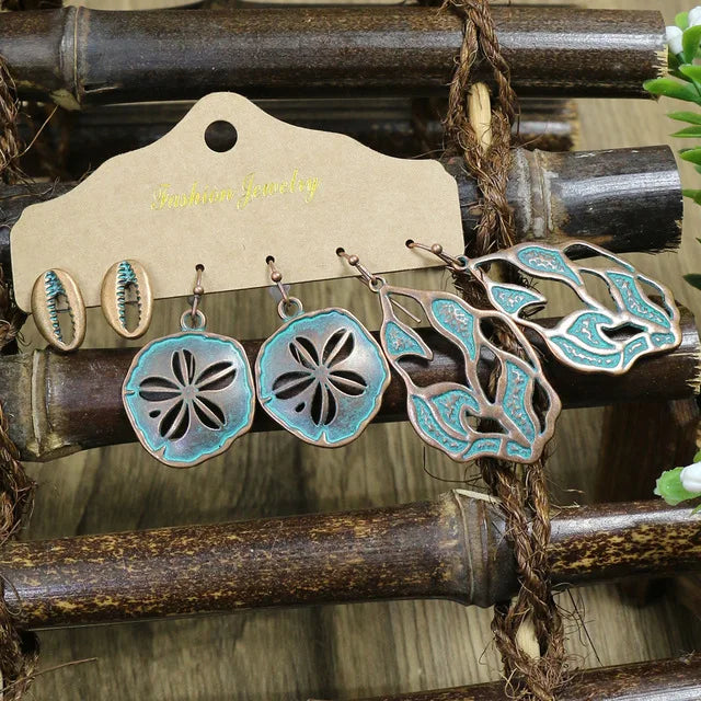 Boho 3Pcs/set Ethnic Leaf Bronze Earrings Set Vintage Hanging Earrings for Women Gypsy Statement Jewelry Accessories Pendientes