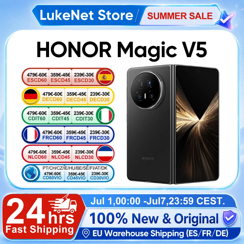 HONOR Magic V5 Global Version Original 5G Smartphone Dual HDR OLED Display Snapdragon 8 Elite 5820mAh 7.95" 66W SuperCharge