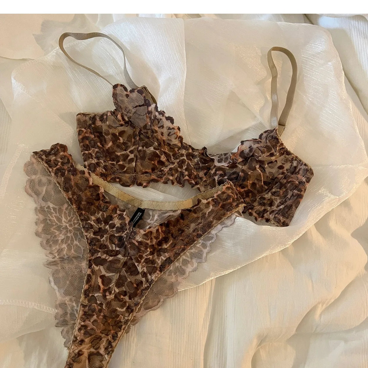 French Sexy Underwear Thin Leopard Print Transparent Lingerie Comfortable Women's Gathered Underwire see through bra Set Thong