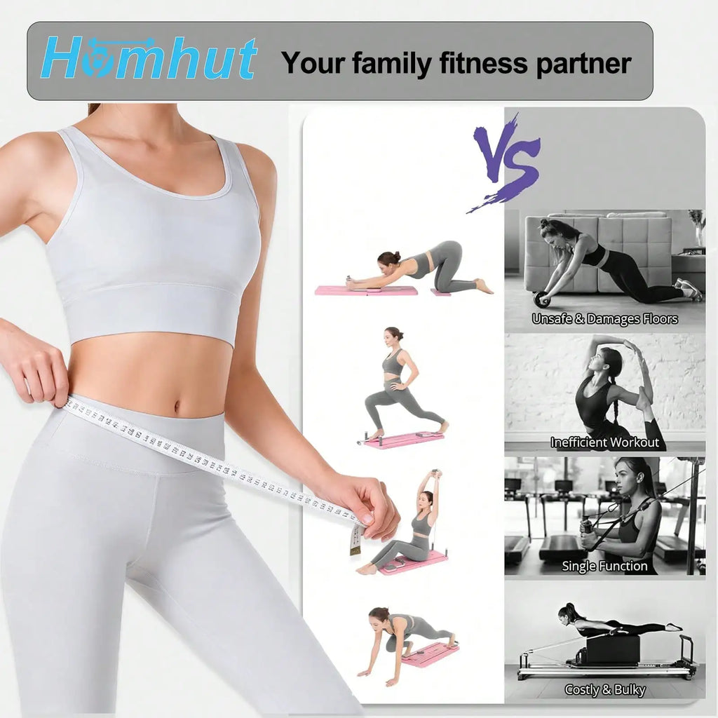 Multi-Functional Foldable Pilates Reformer Board with Counter, Full Body Abdominal Workout Sliding Trainer, Home Core Strength Exercise Equipment with Resistance Bands & Handles