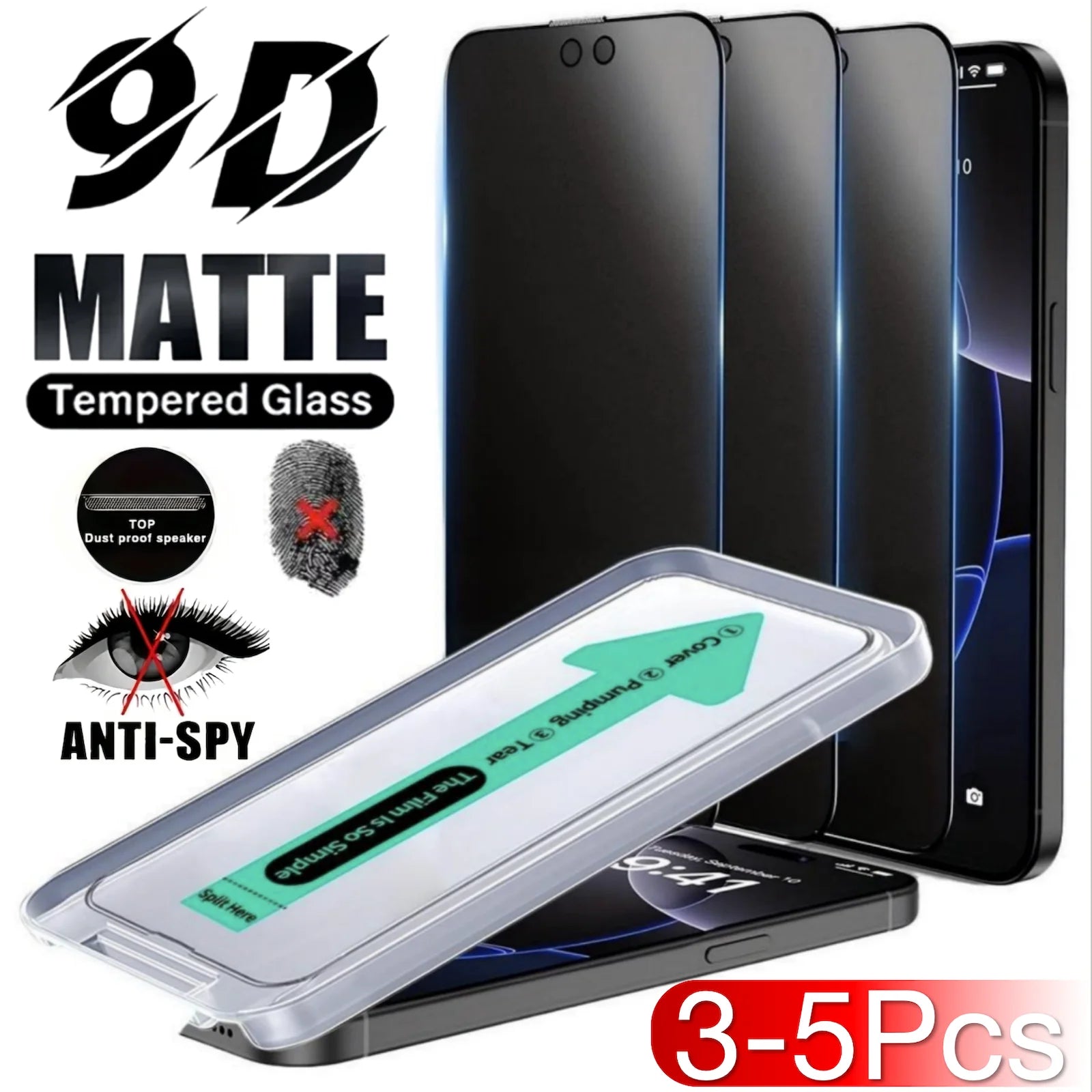 3-5 piece Set Of iPhone 17 16e 16 15 14 13 12 11 Pro Max XS XR Matte Screen Protector Tempered Glass Block Frosted Anti-Spy Main image