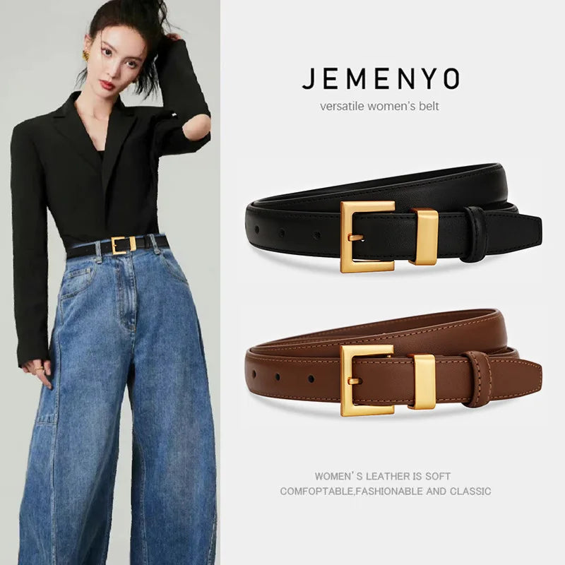 Ladies leather belt; cowhide versatile decoration for suit waist belt; retro simple high-end black ins style denim belt. Main image