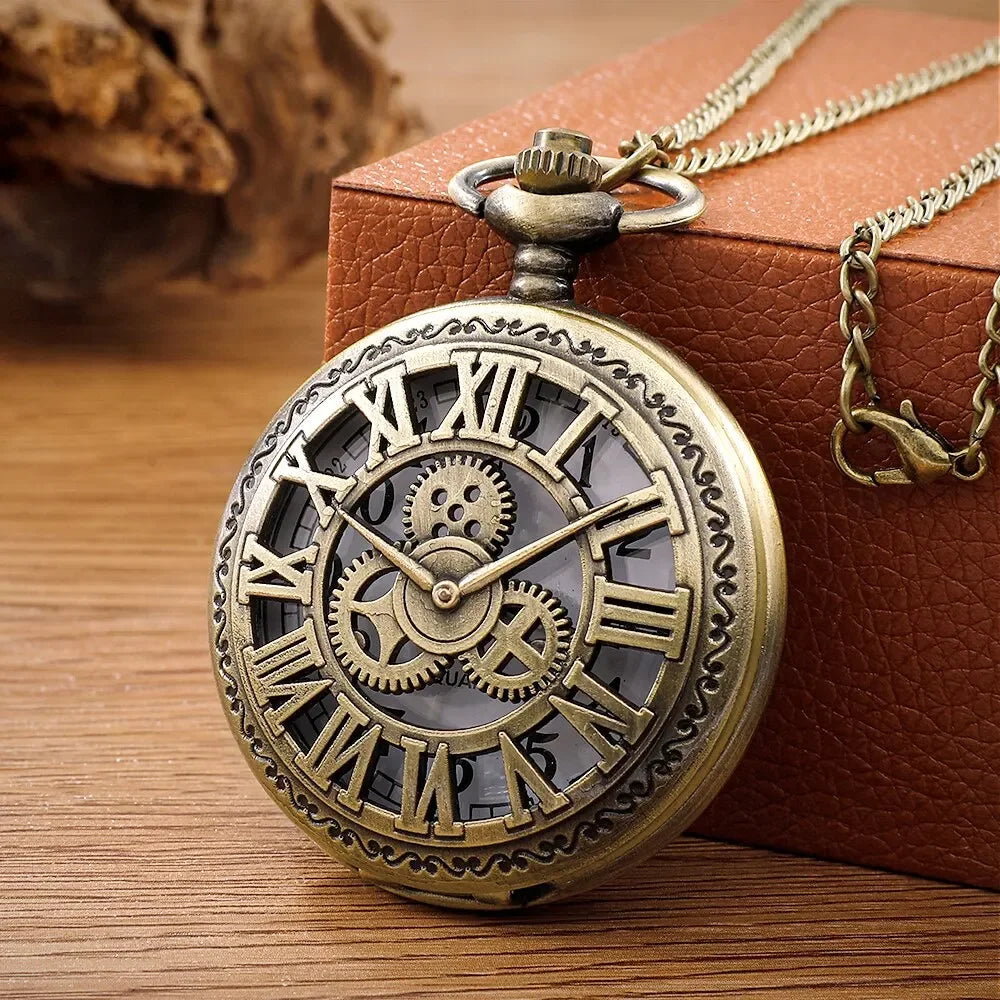 Antique Steampunk Vintage Roman Numerals Quartz Pocket Watch Bronze Case Necklace Pendant Clock Chain Mens Women Main image