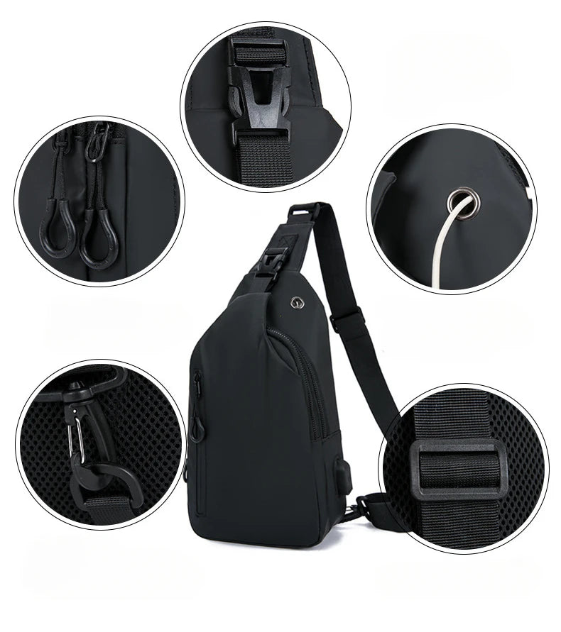 Men Bag Fashion New Solid Color Men Chest Bag Outdoor Casual Fashion One Shoulder Crossbody Bag Nylon USB Charging Shoulder Bags