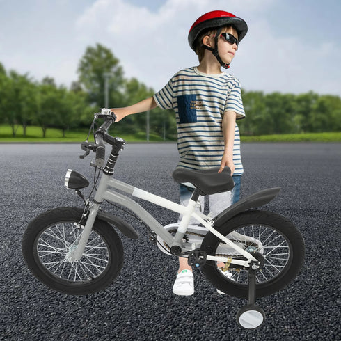 16 Inch Children's Bicycle Carbon Steel Mountain Bike with Auxiliary Wheels & LED Light for 5-8 Years Old,Height Adjustable,60Kg