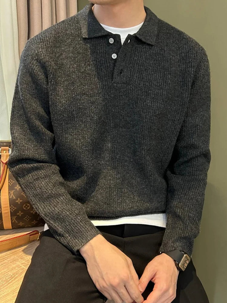 Winter Men's Solid Color Polo Neck Knitted Sweaters Casual Retro Warm Pullovers Knitwear Elegant Y2K Streetwear Jersey Hombre