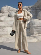 Plus Size Casual Loose Two-Piece Set Wide Leg Pants Long Sleeve Shirt Light Beige Street Style Elegant Quality Polyester Summ...