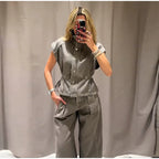 Denim Vest Loose Long Pants Woman Set High Neck Single Breasted Waist Cinched Tops High Waist Trousers Chic Casual Lady New Sets