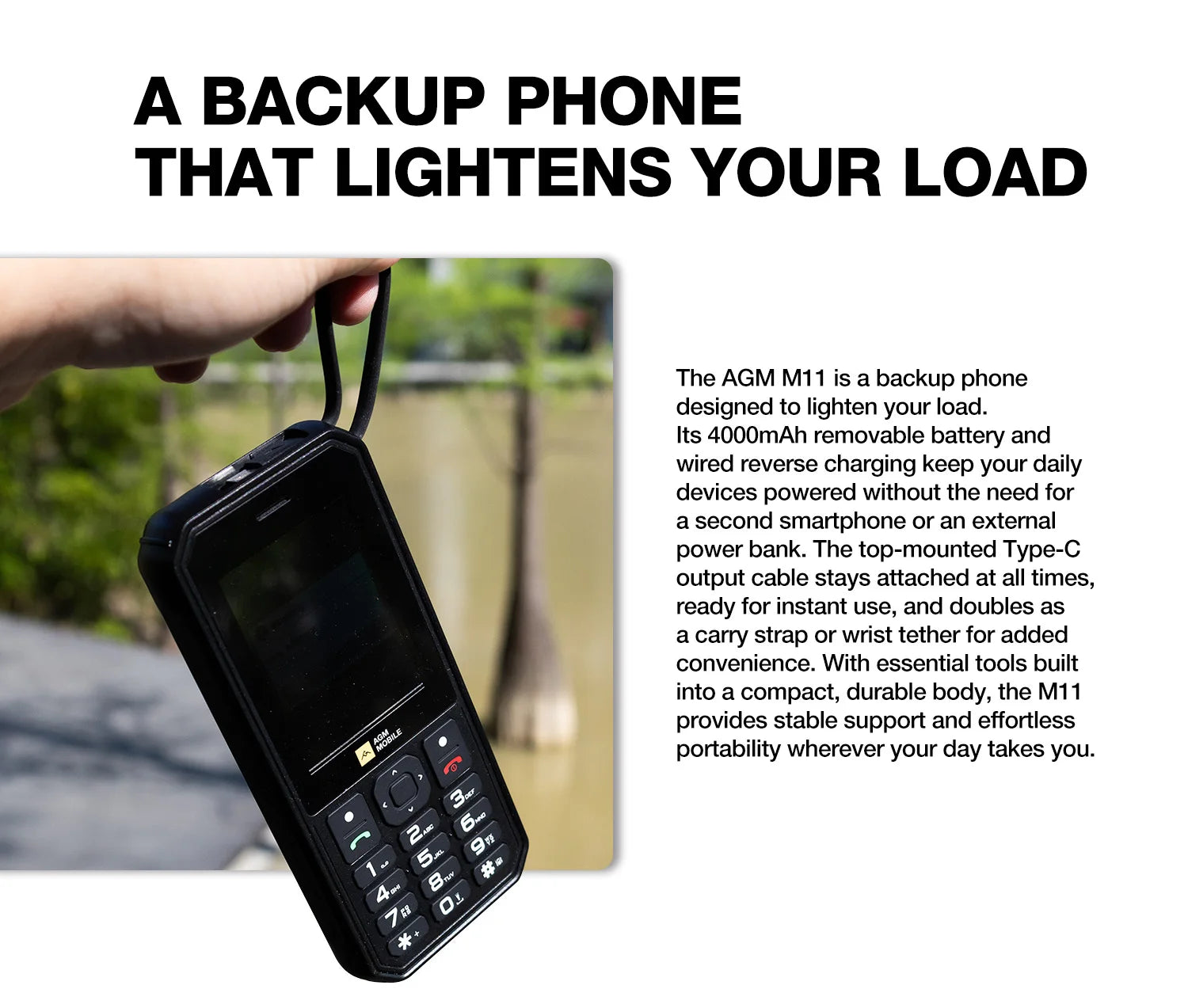 AGM M11 4G Rugged Phone IP68 Waterproof 4000mAh Removable Battery Wi-Fi Hotspot Reverse Charging FM Radio for Outdoor