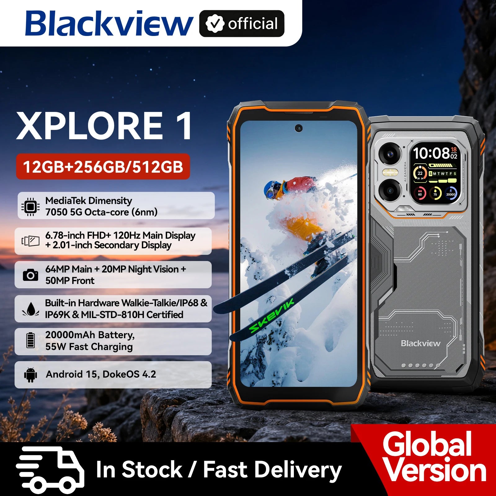Blackview XPLORE 1 Outdoor Mobile Phone, 5G Waterproof Rugged Smartphone Android 15, 6.78'' 2.4K Display, 16GB+512GB, 20000mAh