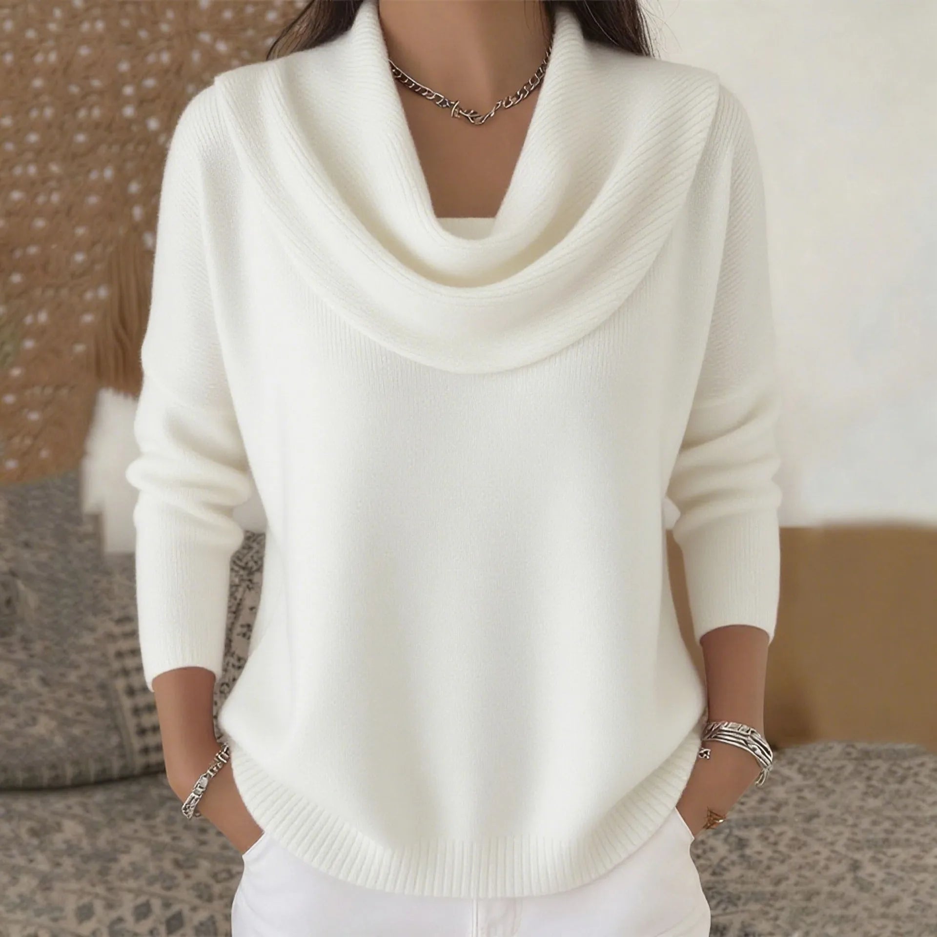Women's New Draped Neck Pullover Sweater, Simple & Elegant Round Neck Knit Top, Suitable for Spring, Autumn and Winter
