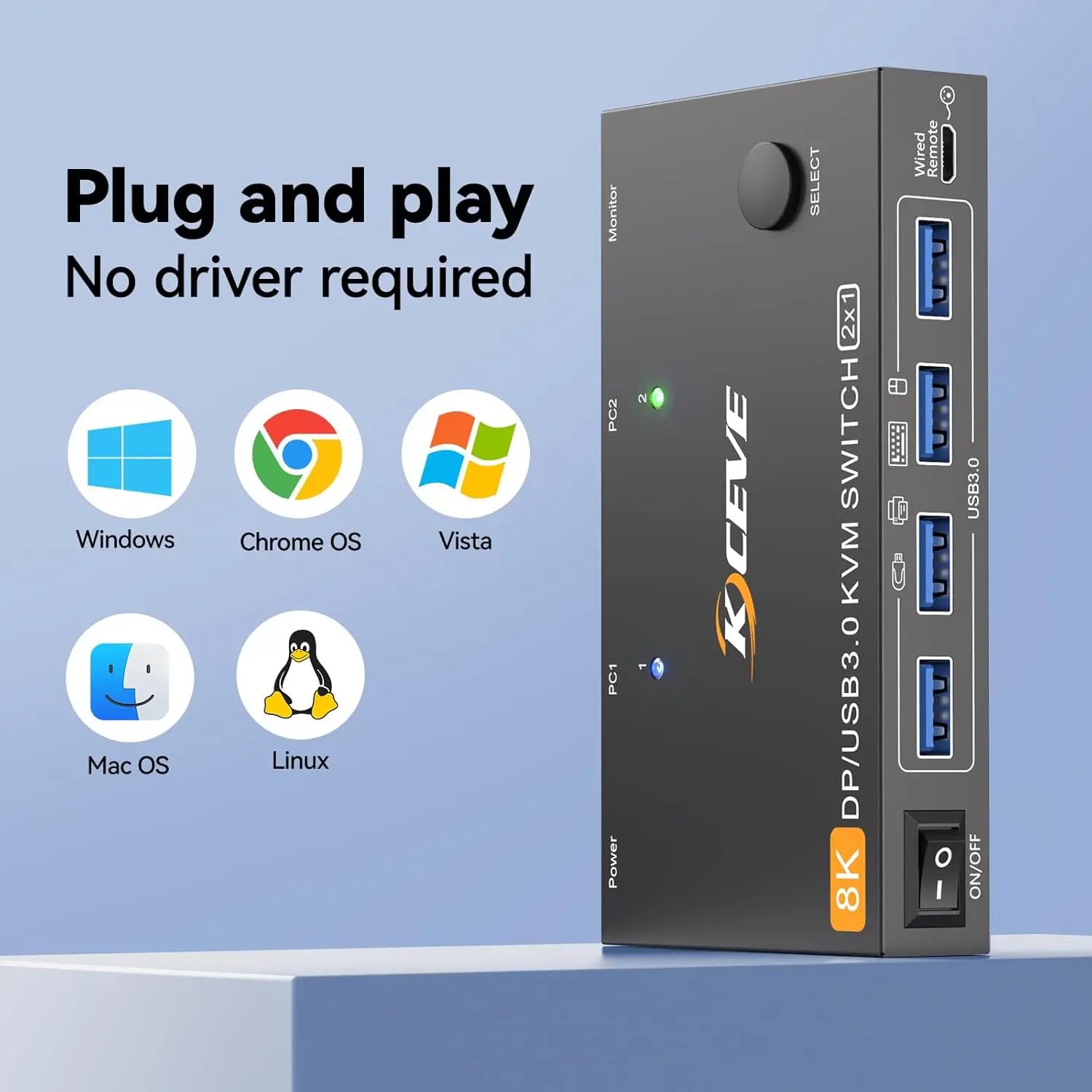 KCEVE 8K DisplayPort KVM Switch 2 Computers 1 Monitor ,8K@60Hz/4K@240Hz DP KVM Switch for 2 PC 1 Monitor to Share Mouse,Keyboard Main image