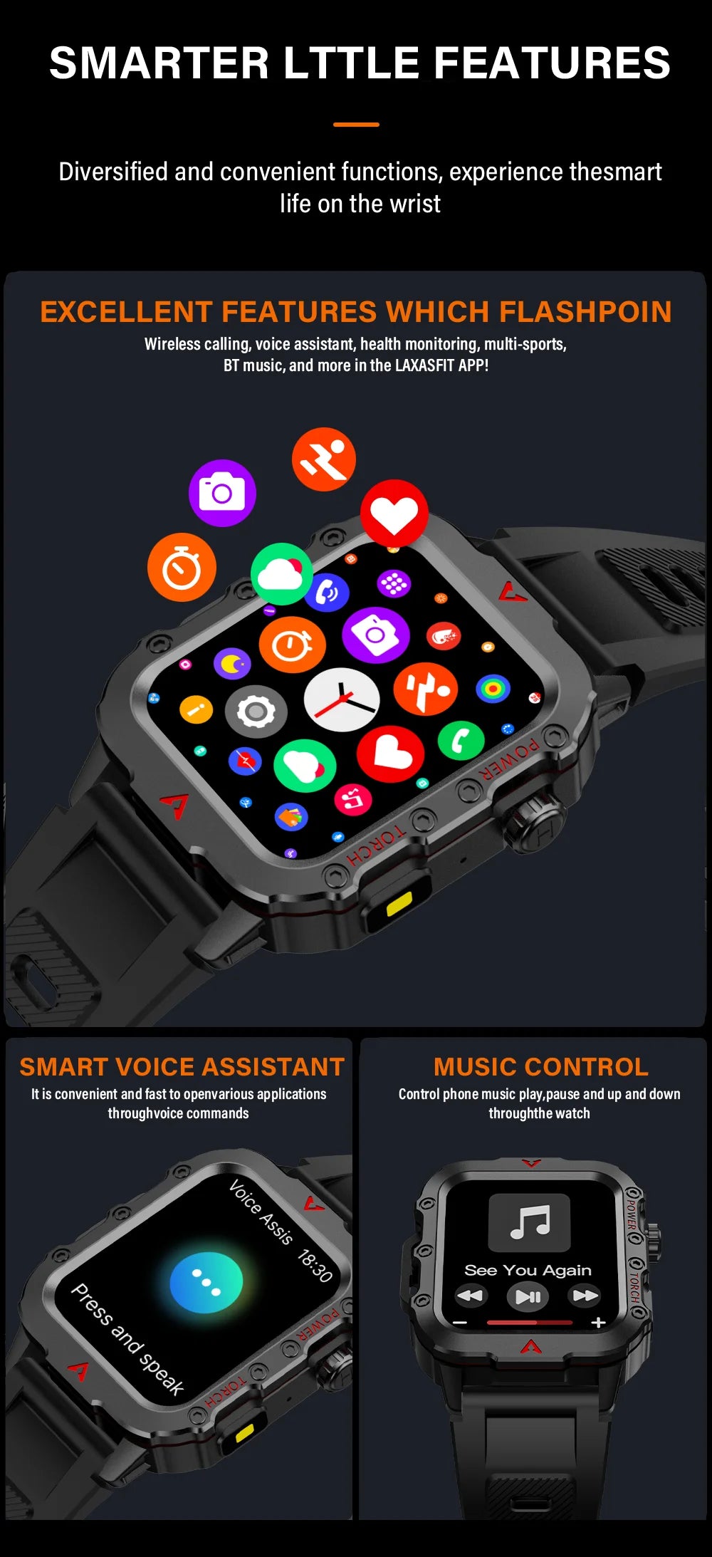 LAXASFIT New Men's Smart Watch LED Flashlight Outdoor Sports Smart Watch Wristwatch Health Monitoring Smart Watch