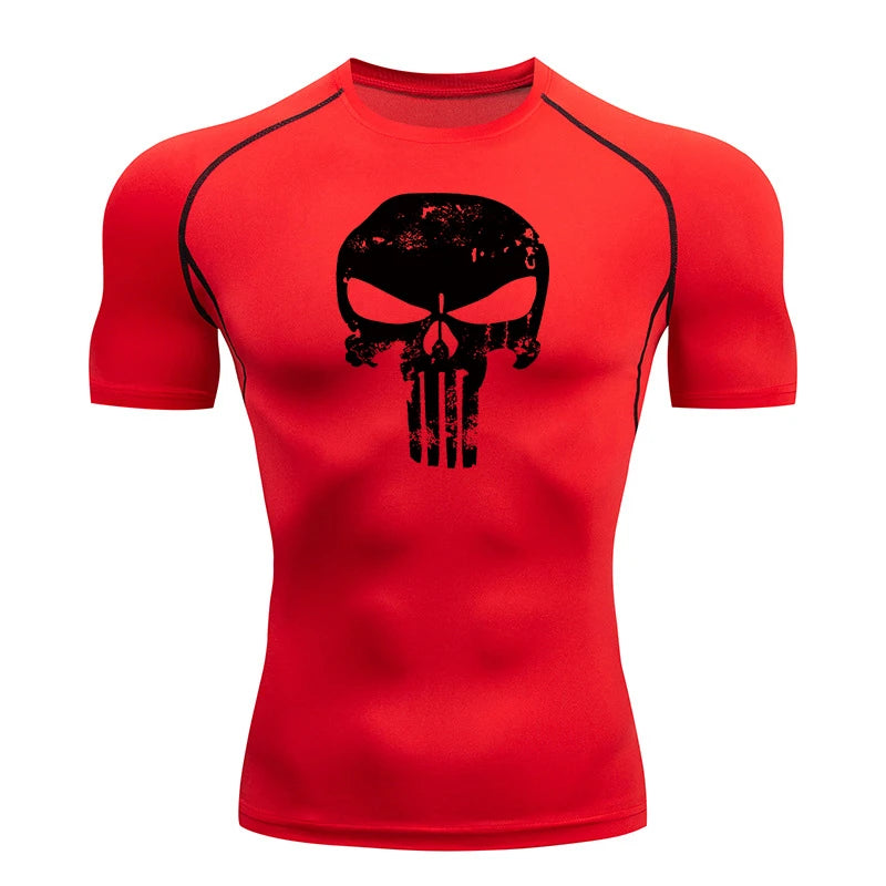 Skull Print Compression Shirts for Men Gym Workout Running Tshirts Sporty Athletic Quick Dry Tees Tops Short Sleeve Rash Guard