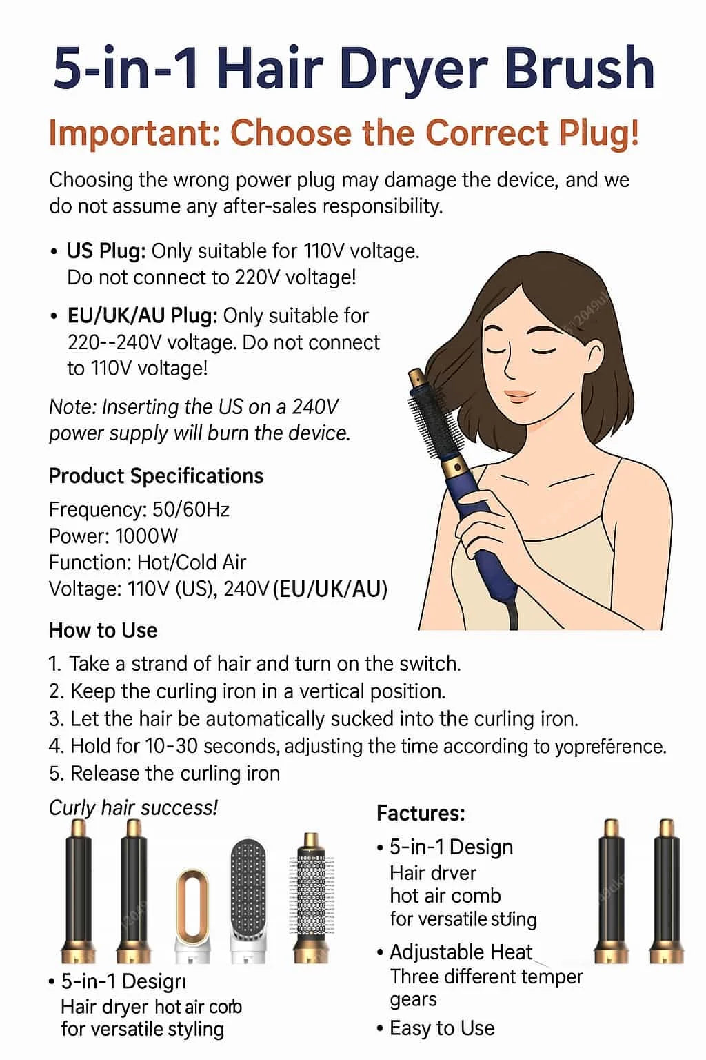 5 In 1 Hair Dryer And Hot Air Comb Brush With Curling Iron Hair Straightener For Fast Drying Curling Straightening And Styling