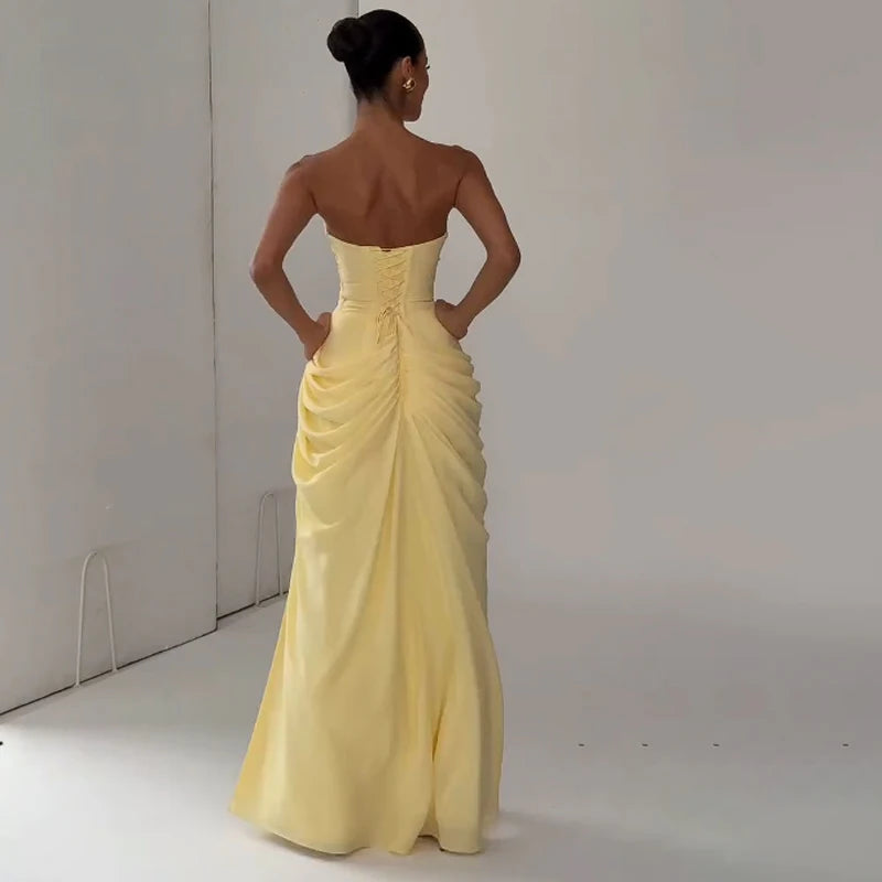 Women Solid Pleated Sexy Strapless Dress Lady Chic Off-shoulder Backless High Waist Split Dresses 2026 New Evening Party Gown