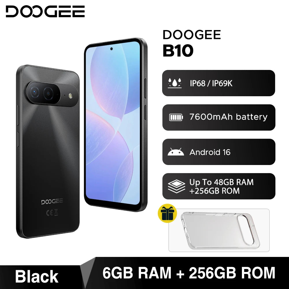 World Premiere DOOGEE B10 Smartphone 7600mAh Battery 6GB 256GB 6.6'' Display 64MP AI Camera Gemini AI Android 16 Mobile Phone