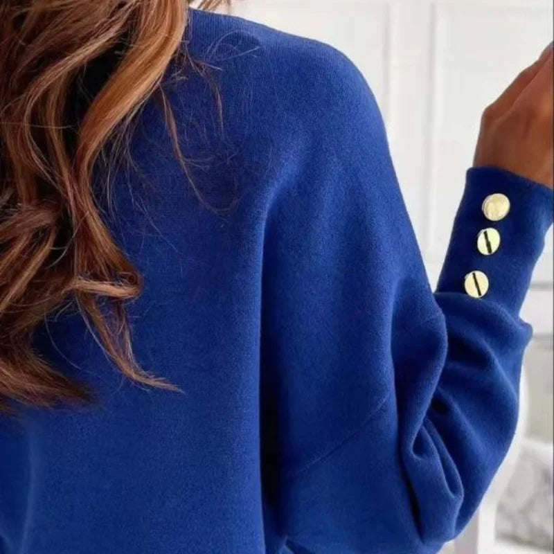 Spring Autumn Women Pure Soft Long Sleeve Sweater V-neck Fashion Jumper Office Lady Button Loose Casual Pullover Top Sweaters