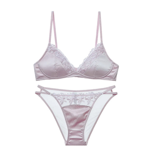 French Style Lingerie Set for Women, Thin Non-Wired Triangle Cup Bra, Lace & Embroidery Design
