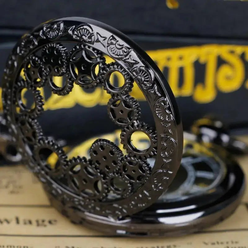 1pc Black Retro Hollow Gear Carved Quartz Pocket Watch Necklace Pendant Clock Chain Men Women Memorial Gift