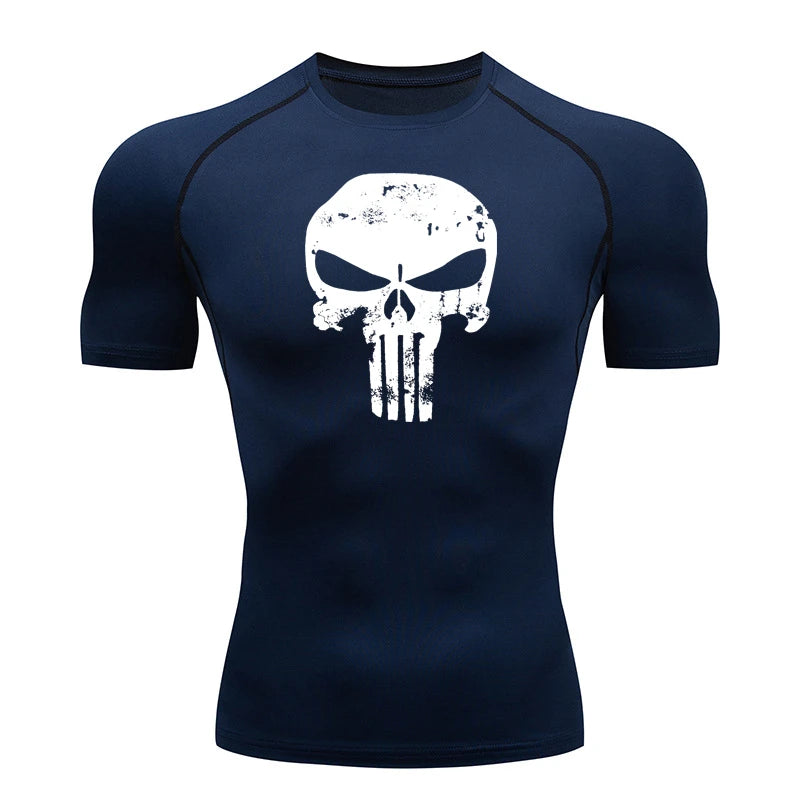 Skull Print Compression Shirts for Men Gym Workout Running Tshirts Sporty Athletic Quick Dry Tees Tops Short Sleeve Rash Guard