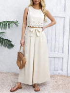 Women's Beige 2-Piece Set Sleeveless Crop Top And Wide Leg Pants Spring Summer Casual Commuting Vacation Outfit