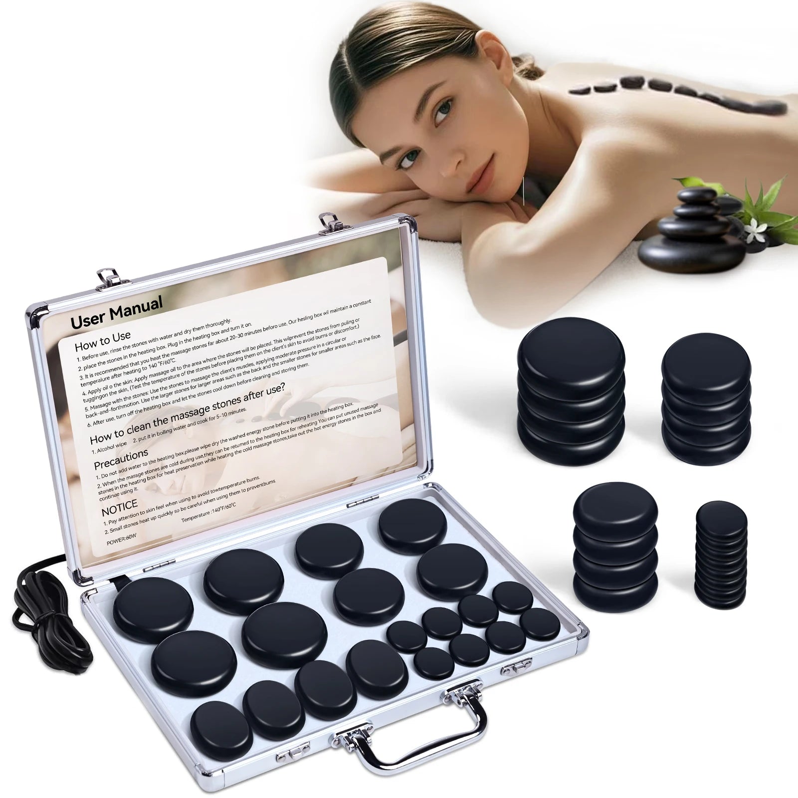 HOT STONE MASSAGE SET - Professional Spa Massage Tools - For Neck, Back, Abdomen, Legs & Full Body Massage Main image