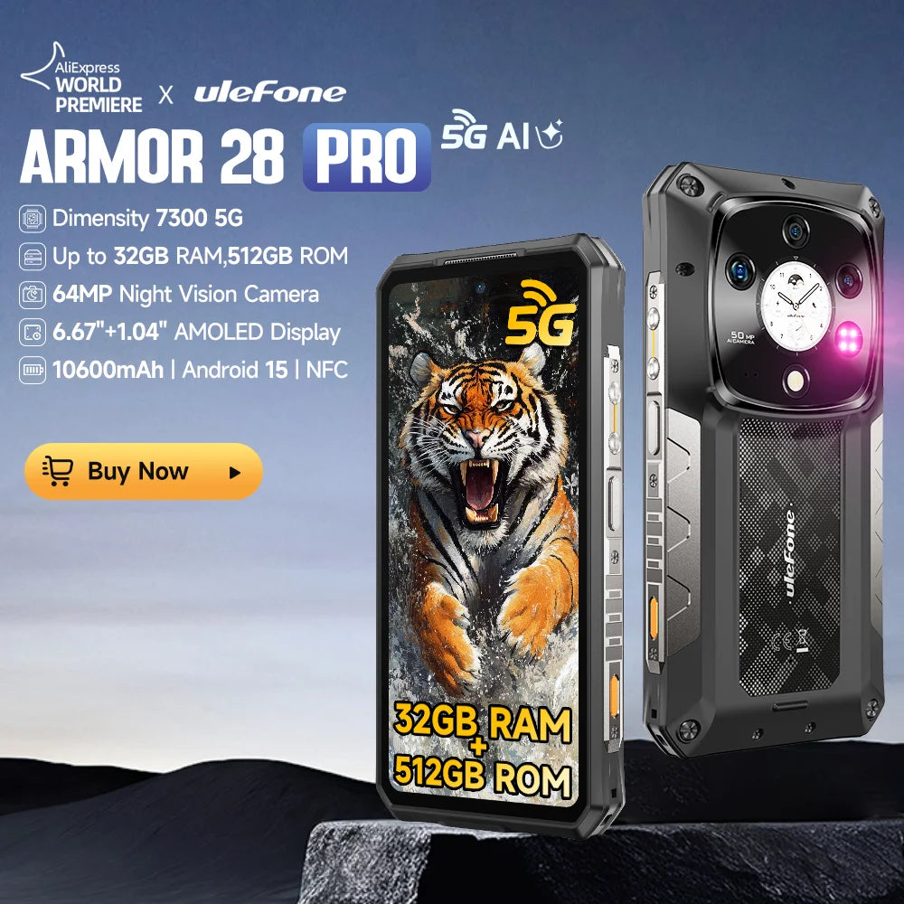 Ulefone Armor 28 Pro 5G AI Rugged Phone 512GB ROM Smartphone 120W MTK Dimensity 7300  10600mAh 6.67”AMOLED 64MP Mobile phone