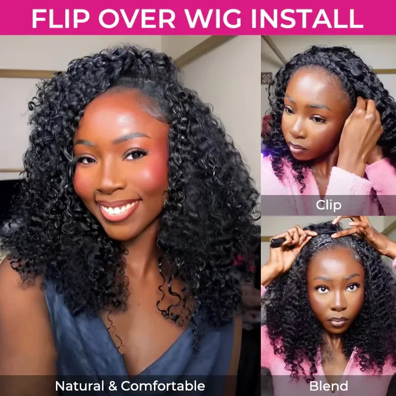 Half Wig Human Hair Wigs 200% Half Wig Kinky Curly Human Hair Wigs 3 In 1 Invisible Hairline Wear Go With Drawstring Seamless