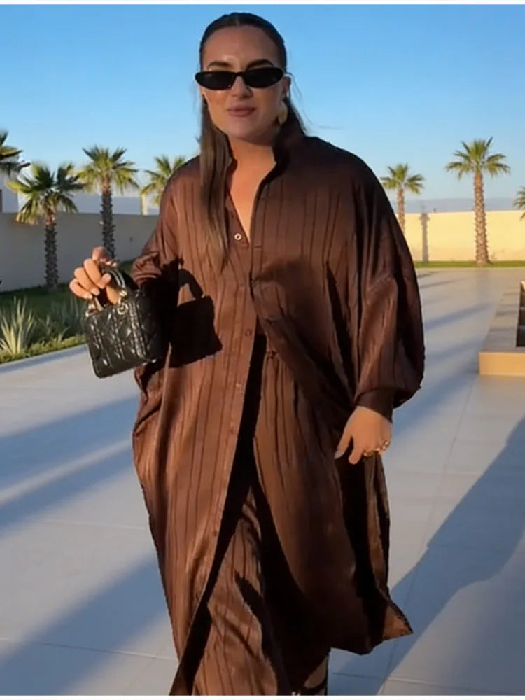 Beige Two Piece Set Women Oversized Button Down Shirt & High Waist Wide Leg Pants Y2k Summer Vacation Kaftan Outfit