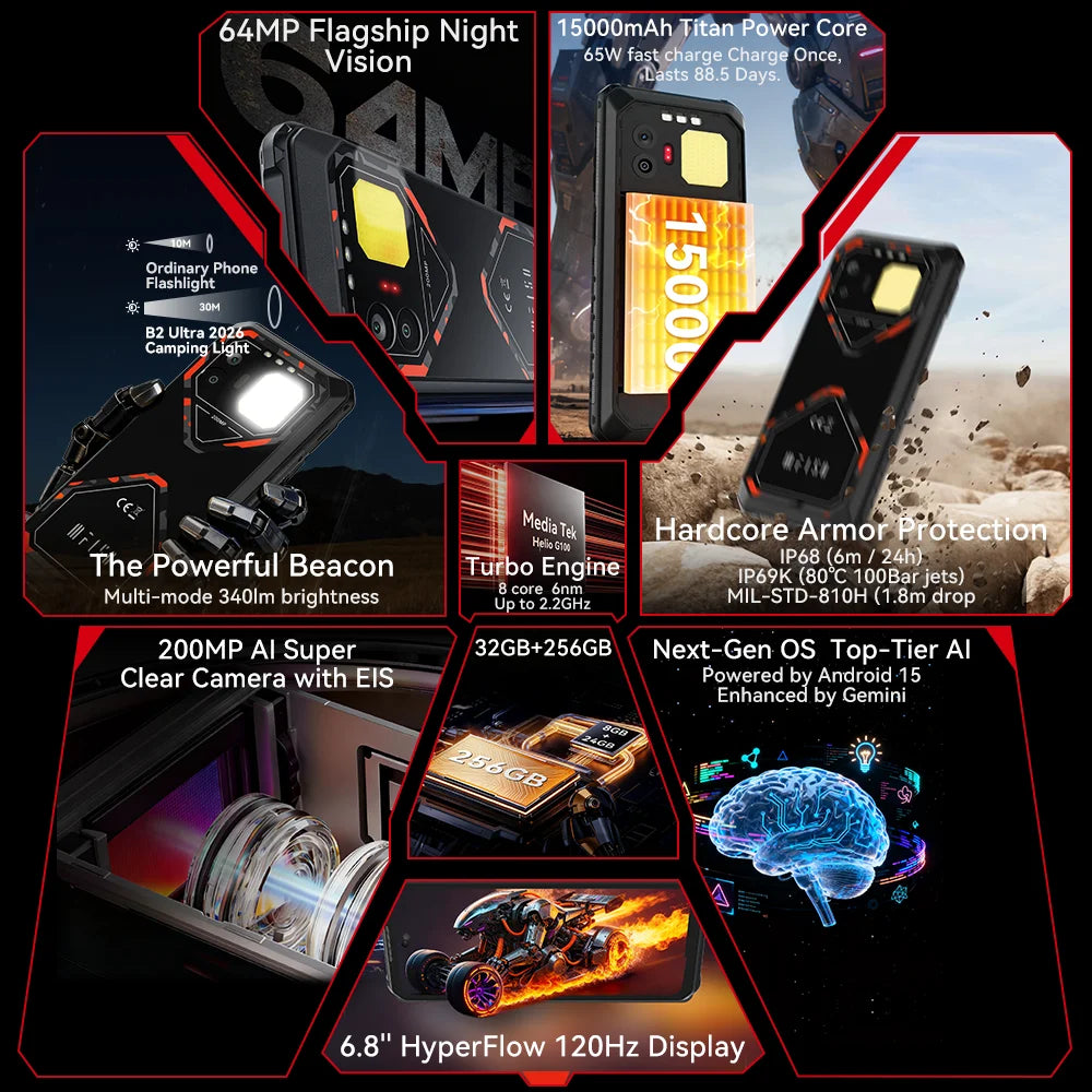 World Premiere IIIF150 B2 Ultra 2026 Rugged Phone MTK G100 Chip 256GB ROM 200MP Main Camera 15000mAh Battery Smartphone