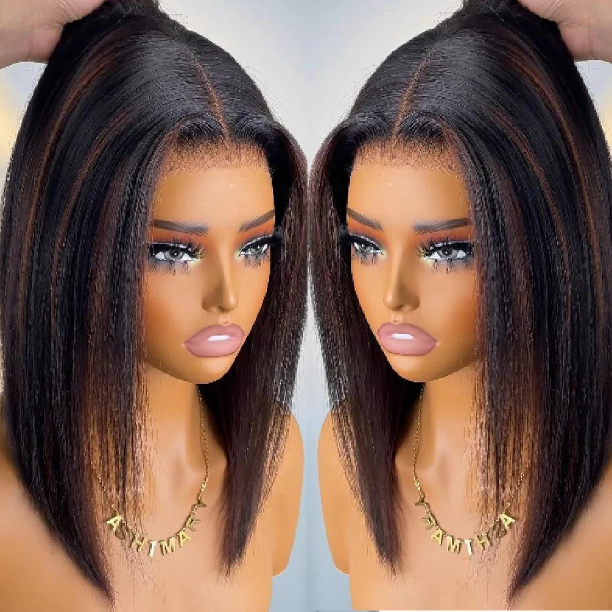 Highlight Brown Glueless 400 Density Straight Wig No Glue Brazilian Human Hair 4x4/13x6 HD Lace Front Ready To Wear Wig 18 Inch Secondary image