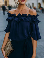 Fashion Ruffled Sexy One Shoulder Women's Short Sleeve Shirt Summer New Casual Loose Tops Female Elegant Versatile Office Shirt
