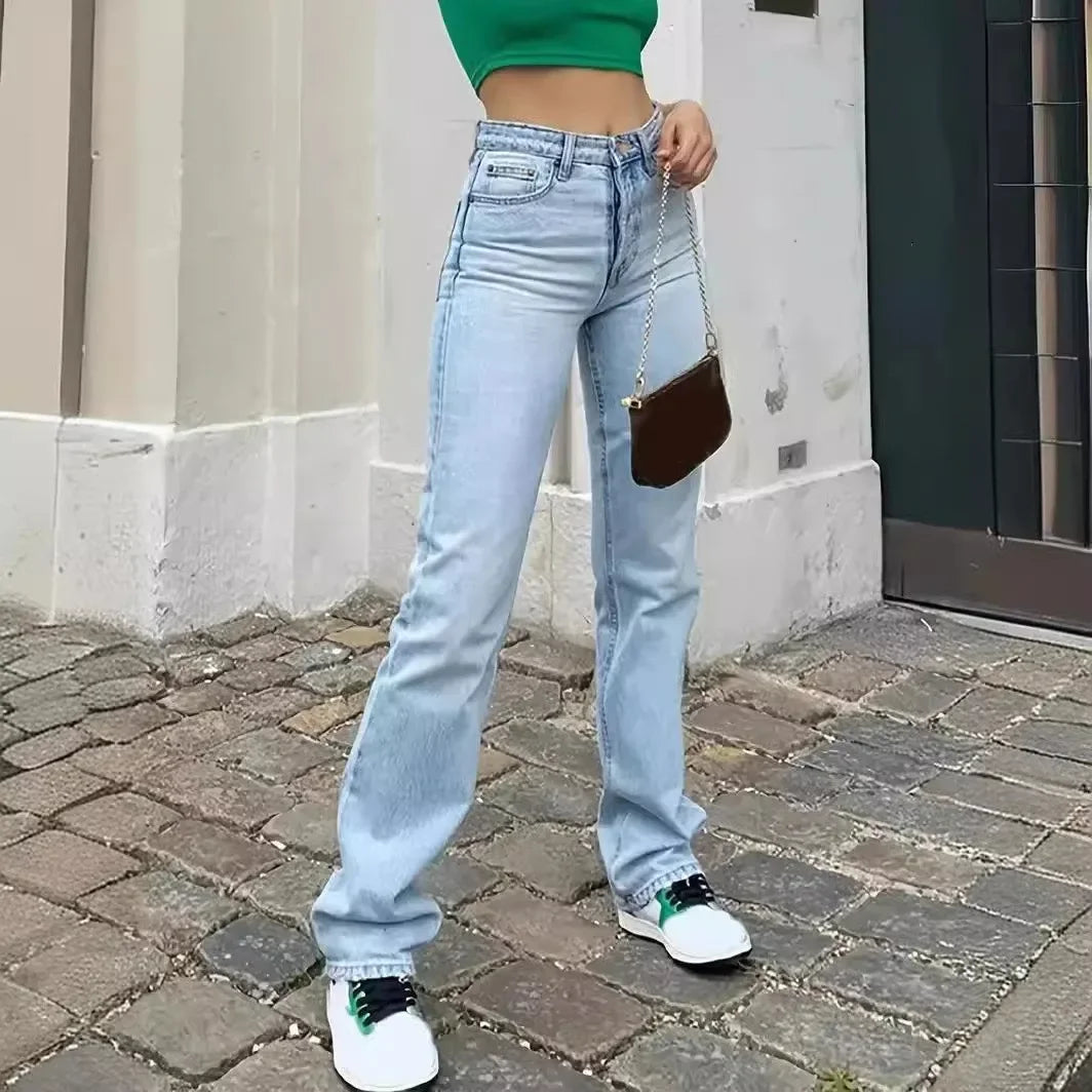 Hot-selling new women's light blue slim fit high waist stretch casual versatile straight jeans for women